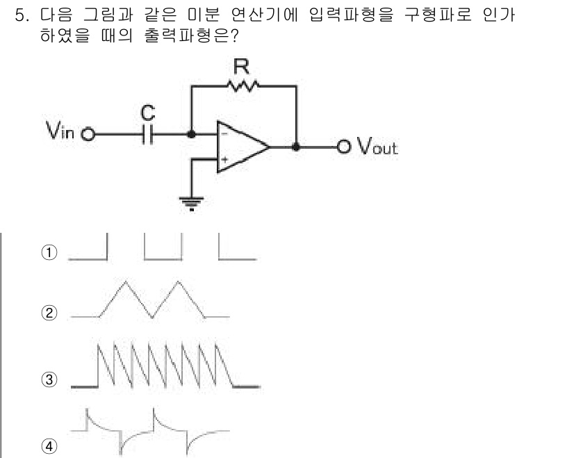 정보통신산업기사 2017년 5번 - 주어진 회로는 연산 증폭기를 사용하는 반전 증폭기 회로입니다. 입력파형이... 에 관한 핵심 기출문제