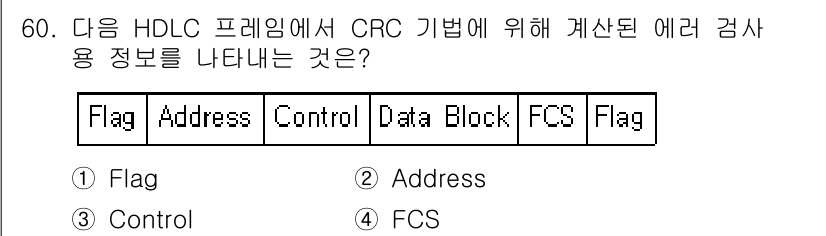 정보통신산업기사 2017년 60번 - 정답은 3번 "Control"입니다. HDLC 프레임에서 CRC 검사는 ... 에 관한 핵심 기출문제