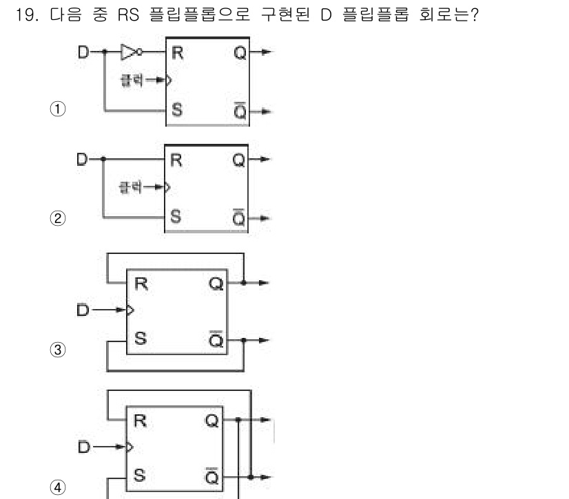 정보통신산업기사 2018년 19번 - 정답인 이유는 해당 회로가 D 플립플롭의 입력 구조를 따르기 때문입니다.... 에 관한 핵심 기출문제