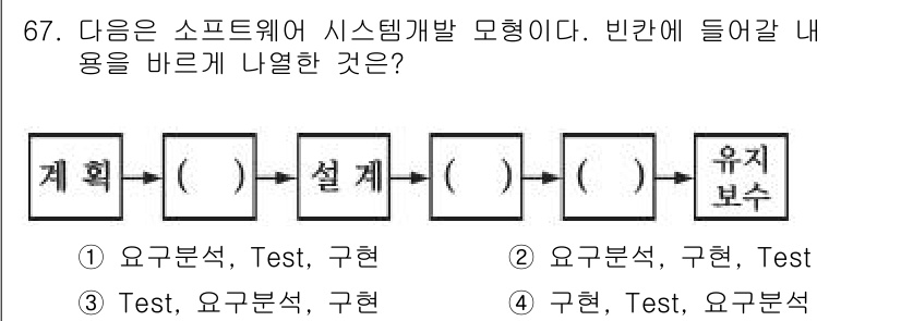 정보통신산업기사 2018년 67번 - 주어진 순서도에서 '구현'이 '설계'의 결과로 이어지며, 이후 '유지 보... 에 관한 핵심 기출문제