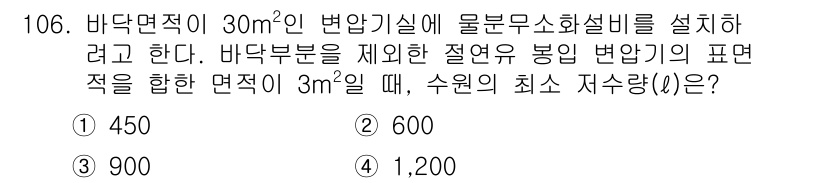 소방시설관리사 2015년 107번 - 주어진 면적 30m²에 대해 물분무소화설비를 설치할 경우, 제1류 소화설... 에 관한 핵심 기출문제