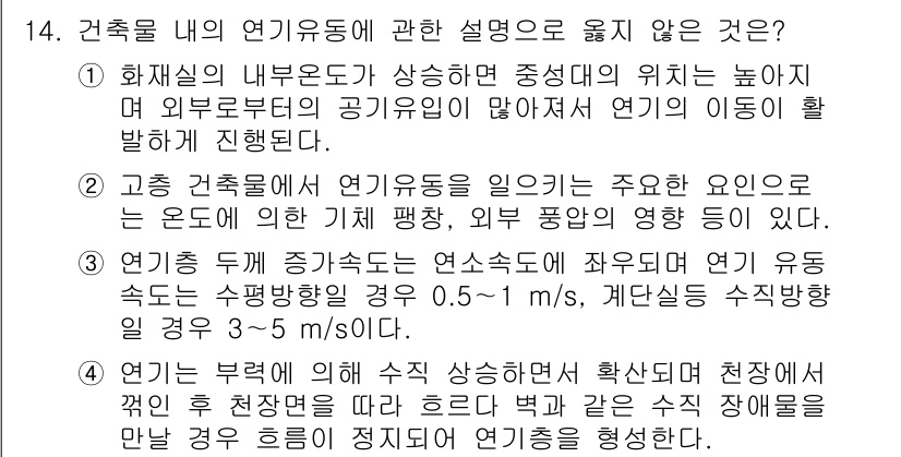 소방시설관리사 2015년 14번 - . 

연기가 발생한 경우, 전체 건물의 유동 방식에 따라 연기 이동 경... 에 관한 핵심 기출문제