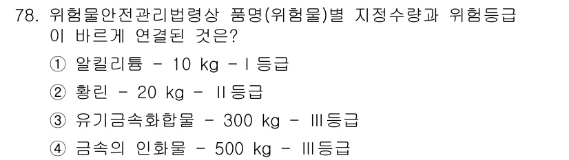 소방시설관리사 2015년 79번 - 위험물 안전관리법령상 위험물의 지정수량과 위험등급은 물질의 특성과 잠재적... 에 관한 핵심 기출문제