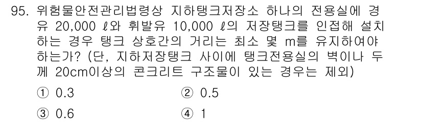 소방시설관리사 2015년 96번 - 질문에서 요구하는 저장탱크 간의 거리 유지 기준은 안전 관리 법령에 따라... 에 관한 핵심 기출문제