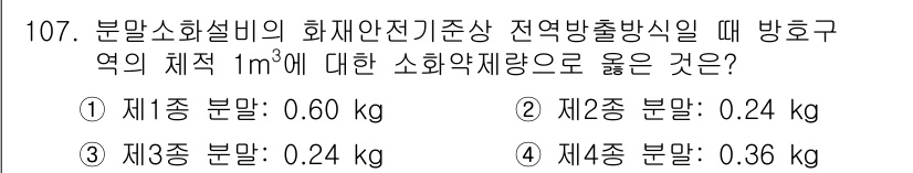 소방시설관리사 2016년 107번 - 정답 3번인 이유는 제3종 분말 소화약제의 비율이 1m³ 당 0.24 k... 에 관한 핵심 기출문제