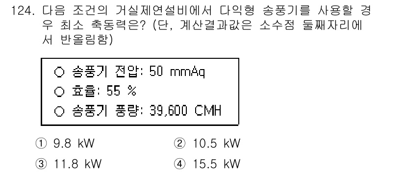 소방시설관리사 2016년 124번 - 주어진 조건에서 송풍기 전압과 효율을 고려할 때, 송풍기의 전력 소모는 ... 에 관한 핵심 기출문제