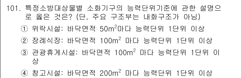 소방시설관리사 2017년 102번 - . 

해설: 특정 소방시설의 바닥 면적 기준에 따라 필요한 소화기기 또... 에 관한 핵심 기출문제