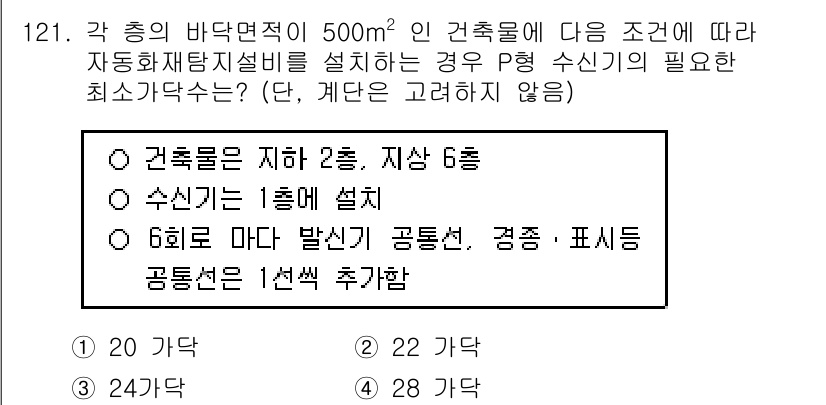소방시설관리사 2017년 122번 - 주어진 건축물의 면적이 500㎡인 경우, 소방시설의 설계 기준에 따라 최... 에 관한 핵심 기출문제