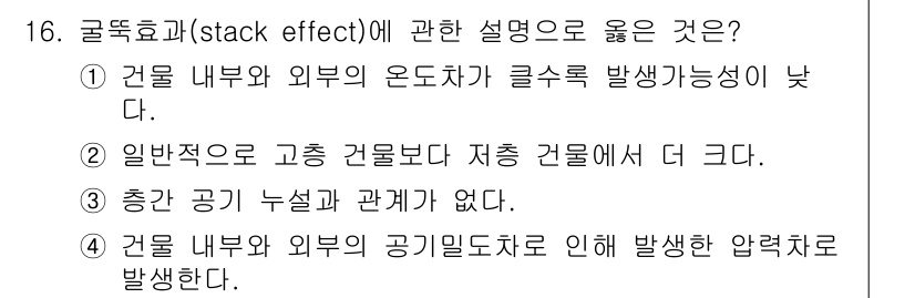 소방시설관리사 2017년 16번 - 건물 내부와 외부의 온도차가 클수록 굴뚝효과에 의해 기류가 발생해 자연환... 에 관한 핵심 기출문제