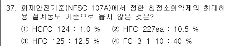 소방시설관리사 2017년 38번 - NFSC 107A 기준에 따르면 HFC-125의 최대 사용 비율은 12.... 에 관한 핵심 기출문제