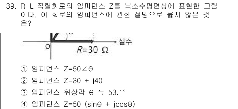 소방시설관리사 2018년 39번 - 주어진 정보에 따르면, 임피던스 \( Z \)는 복소수 형태로 표현되며,... 에 관한 핵심 기출문제