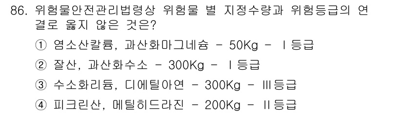 소방시설관리사 2018년 87번 - 위험 물질 관리법에 따르면 각 위험물의 위험 등급에 따라 지정된 수량이 ... 에 관한 핵심 기출문제