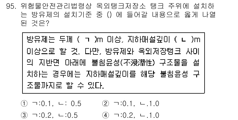 소방시설관리사 2018년 96번 - 방수제는 방화구획의 구조적 요소로서, 방유제와 방화설비 사이의 장애물로 ... 에 관한 핵심 기출문제