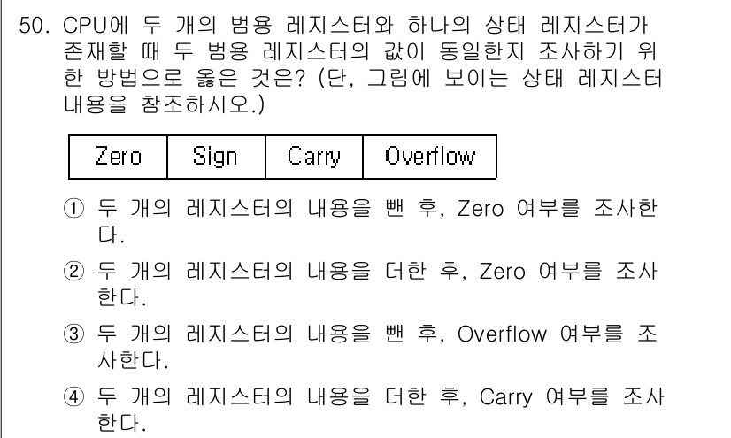 컴퓨터시스템기사(A형) 2018년 50번 - 정답은 1입니다. 두 개의 레지스터의 내용을 더할 때, 제로 레지스터는 ... 에 관한 핵심 기출문제