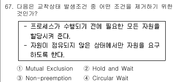 컴퓨터시스템기사(A형) 2018년 67번 - . 

정답인 이유는 '교착상태'를 방지하기 위해 '상호 배제' 조건을 ... 에 관한 핵심 기출문제