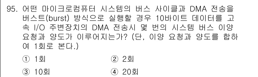 컴퓨터시스템기사(A형) 2018년 95번 - DMA 전송 시 버스트 방식으로 10바이트 데이터를 전송할 경우, 데이터... 에 관한 핵심 기출문제