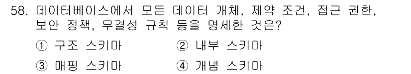 멀티미디어콘텐츠제작전문가(구) 2018년 58번 - 개념 스키마는 데이터베이스의 모든 데이터 구조, 제약 조건, 접근 권한 ... 에 관한 핵심 기출문제