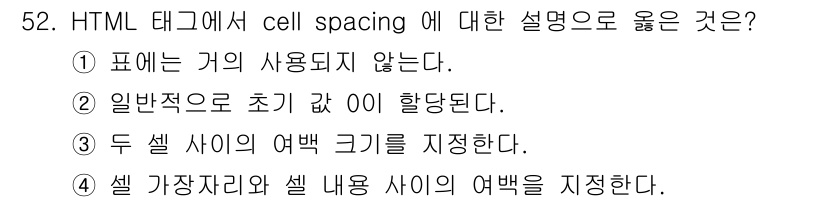 멀티미디어콘텐츠제작전문가 2018년 52번 - . 두 셀 사이의 여백 크기를 지정한다.

해설: `cellspacing... 에 관한 핵심 기출문제