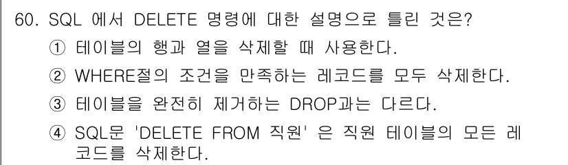 멀티미디어콘텐츠제작전문가 2018년 60번 - DELETE 명령은 테이블의 특정 행을 삭제할 때 사용되며, 테이블의 구... 에 관한 핵심 기출문제