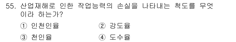 농기계운전기능사 2015년 55번 - 정답은 3번 천인율입니다. 천인율은 산업재해로 인한 작업능력 손실을 금전... 에 관한 핵심 기출문제