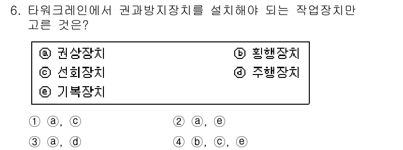 타워크레인운전기능사 2016년 6번 - 정답은 **B. 쳐행장치**입니다. 권과 방지장치는 타워크레인의 안전성을... 에 관한 핵심 기출문제