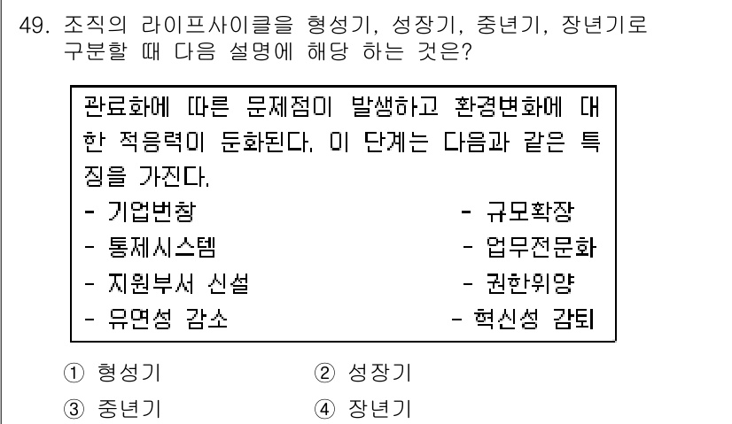 스포츠경영관리사 2017년 49번 - 정답은 2번 "성장기"입니다. 관론화에 따른 문제점이 발생하는 성장기 단... 에 관한 핵심 기출문제