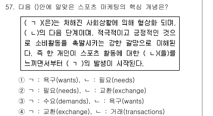 스포츠경영관리사 2017년 57번 - 스포츠 마케팅의 핵심 개념은 소비자 욕구와 필요를 이해하고, 이를 통해 ... 에 관한 핵심 기출문제