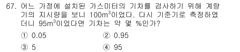 가스산업기사 2018년 68번 - 가스미터의 기표를 검토할 때, 체적의 차이를 이용하여 오차율을 계산할 수... 에 관한 핵심 기출문제