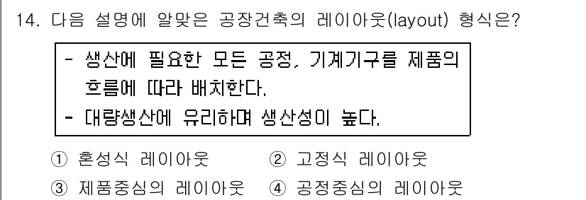 건축기사 2018년 15번 - . 혼합식 레이아웃

혼합식 레이아웃은 상품 생산에 필요한 모든 공정과 ... 에 관한 핵심 기출문제