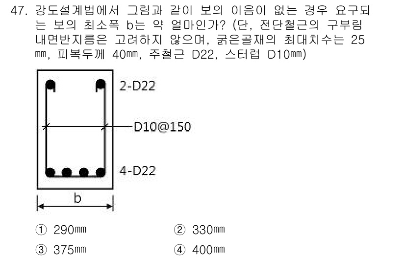 건축기사 2018년 48번 - 주어진 조건에서 강도설계법에 따라 보의 최소폭 \( b \)는 철근의 지... 에 관한 핵심 기출문제