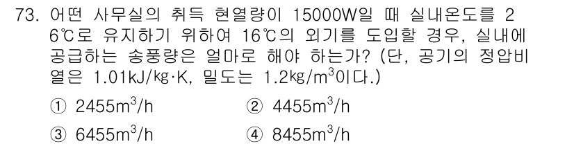 건축기사 2018년 74번 - 문제에서 주어진 열량과 실내온도 유지 조건을 통해 필요한 송풍량을 계산해... 에 관한 핵심 기출문제