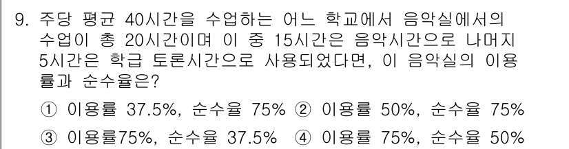 실내건축기사(구) 2018년 10번 - 주당 평균 40시간의 수업 중 15시간이 음악시간으로, 5시간이 학교 토... 에 관한 핵심 기출문제