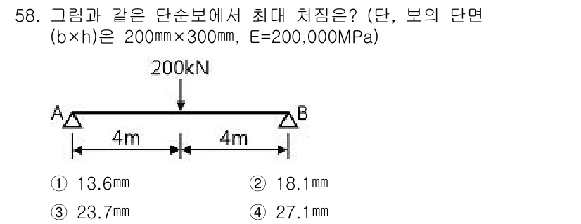 실내건축기사 2018년 59번 - 이 보의 최대 처짐은 하중과 보의 길이에 따라 결정된다. 주어진 데이터에... 에 관한 핵심 기출문제