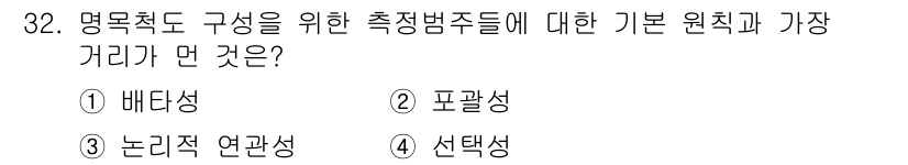 사회조사분석사_2급 2018년 32번 - 정답: ① 배타성  
배타성은 측정 범주가 서로 겹치지 않고 명확하게 구... 에 관한 핵심 기출문제