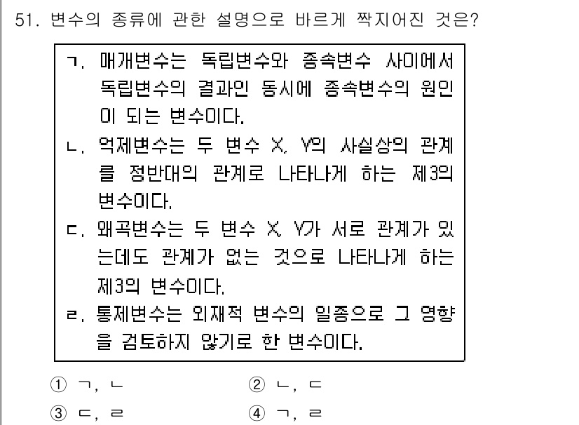 사회조사분석사_2급 2018년 51번 - 정답은 4번이다. 외재변수는 연구 설계에서 통제되지 않는 변수로, 독립변... 에 관한 핵심 기출문제