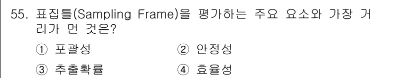 사회조사분석사_2급 2018년 55번 - 표집틀(Sampling Frame)의 주요 평가 요소는 '포괄성'입니다.... 에 관한 핵심 기출문제