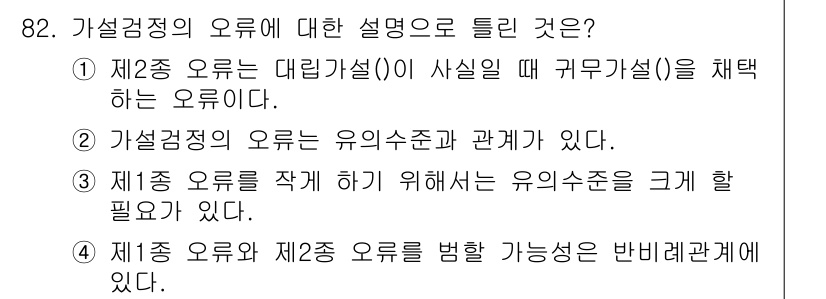 사회조사분석사_2급 2018년 82번 - 정답은 5번이다. 가설검정에서 제1종 오류와 제2종 오류는 상호 배반적인... 에 관한 핵심 기출문제