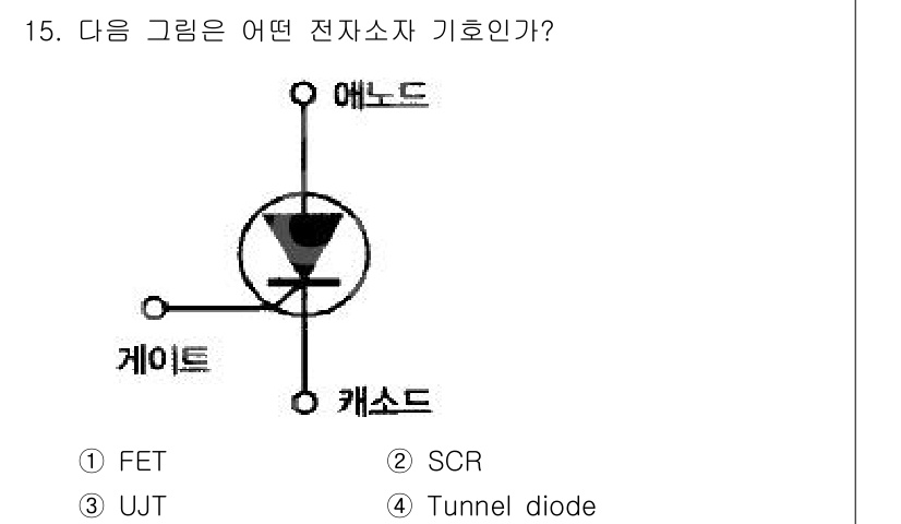 전자산업기사 2018년 15번 - 정답은 2. SCR입니다. 그림에서 나타난 구조는 스위치 역할을 하는 특... 에 관한 핵심 기출문제