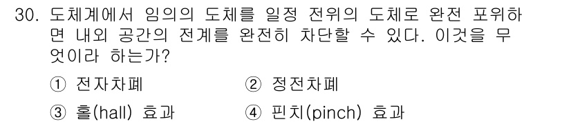 전자산업기사 2018년 30번 - 정답은 2번 정전차폐입니다. 정전차폐는 전자기 간섭을 줄이기 위해 일정한... 에 관한 핵심 기출문제