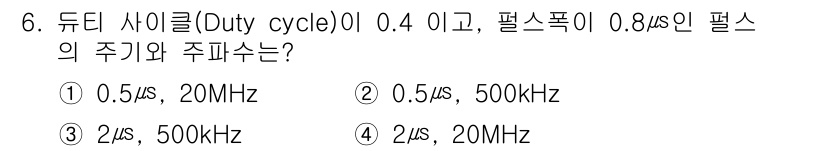 전자산업기사 2018년 6번 - 펄스폭이 0.8μs인 경우 전체 주기는 Duty Cycle에 따라 결정됩... 에 관한 핵심 기출문제