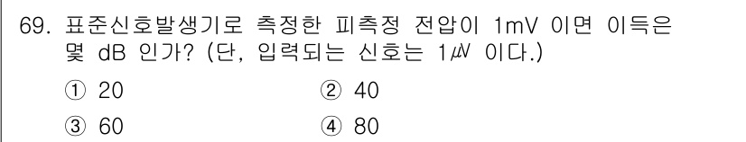 전자산업기사 2018년 69번 - 피크 전압 1 mV에 해당하는 값은 0 dB입니다. 전압이 1000배 증... 에 관한 핵심 기출문제