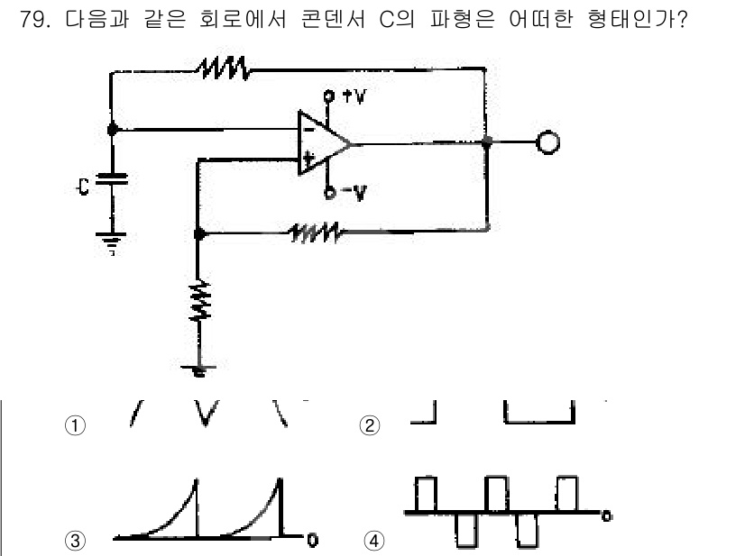 전자산업기사 2018년 79번 - 이 회로에서 콘덴서 C의 파형은 비선형적인 전압 변화를 반영합니다. 주어... 에 관한 핵심 기출문제
