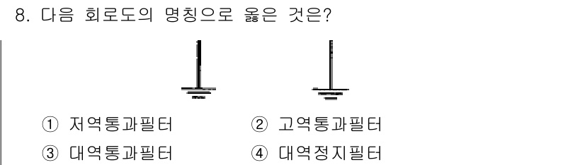 전자산업기사 2018년 8번 - 정답은 2번, 고역통과필터입니다. 고역통과필터는 특정 주파수 이상의 신호... 에 관한 핵심 기출문제