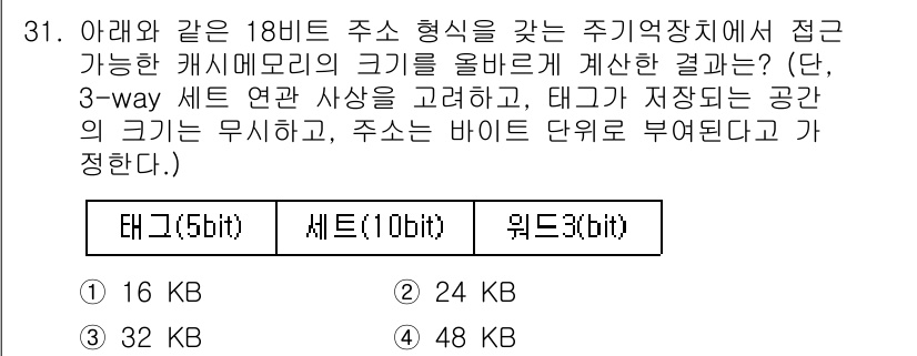 컴퓨터시스템기사(B형) 2018년 31번 - 3-way 세트 연관 캐시에서 태그 크기는 5비트로 주어졌습니다. 각 세... 에 관한 핵심 기출문제