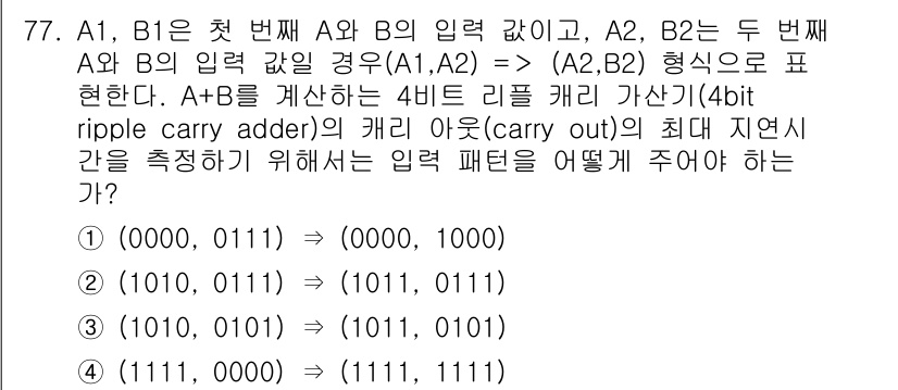 컴퓨터시스템기사(B형) 2018년 77번 - 해설: 4비트 리플 캐리 가산기는 두 입력의 비트마다 캐리를 처리하며, ... 에 관한 핵심 기출문제