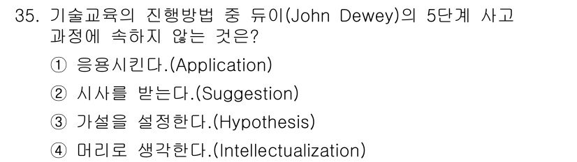 건설안전기사 2018년 35번 - 존 듀이의 5단계 사고 과정에서 시사를 받는 단계는 포함되지만, 이는 직... 에 관한 핵심 기출문제