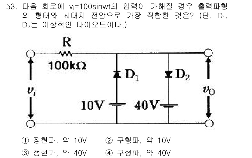 전자기사 2018년 53번 - 정답은 2입니다. 입력 전압 \( V_i = 100 \sin(\omega... 에 관한 핵심 기출문제