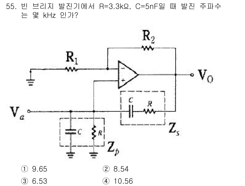 전자기사 2018년 55번 - 주파수는 필터의 차단 주파수와 관련이 있으며, 주어진 회로에서 R1, R... 에 관한 핵심 기출문제
