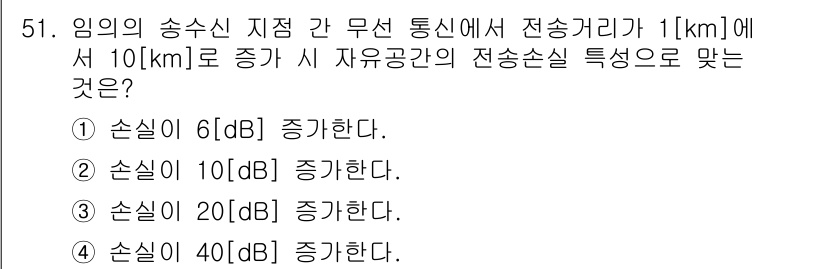 무선설비산업기사 2018년 51번 - 임의의 송수신 지점 간 거리의 증가에 따라 자유공간의 전송 손실은 거리의... 에 관한 핵심 기출문제