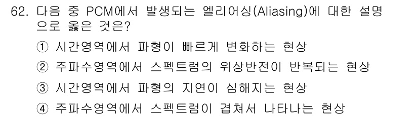 무선설비기사 2018년 62번 - 앨리어싱은 주파수 영역에서 신호가 충분히 샘플링되지 않을 때 발생하여 스... 에 관한 핵심 기출문제